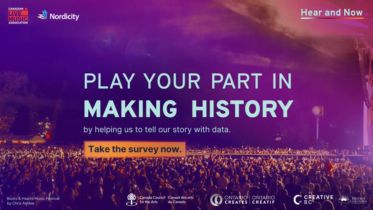 Announcing “Hear and Now”, the first-ever Economic Impact Assessment of the live music sector in Canada. Live music workers, we need your input! Survey: bit.ly/HearAndNow2024 #HearAndNow #BringingArtstoLife #ONCreates #CreativeBC @CanadaCouncil @OntarioCreates @CreativeBCs