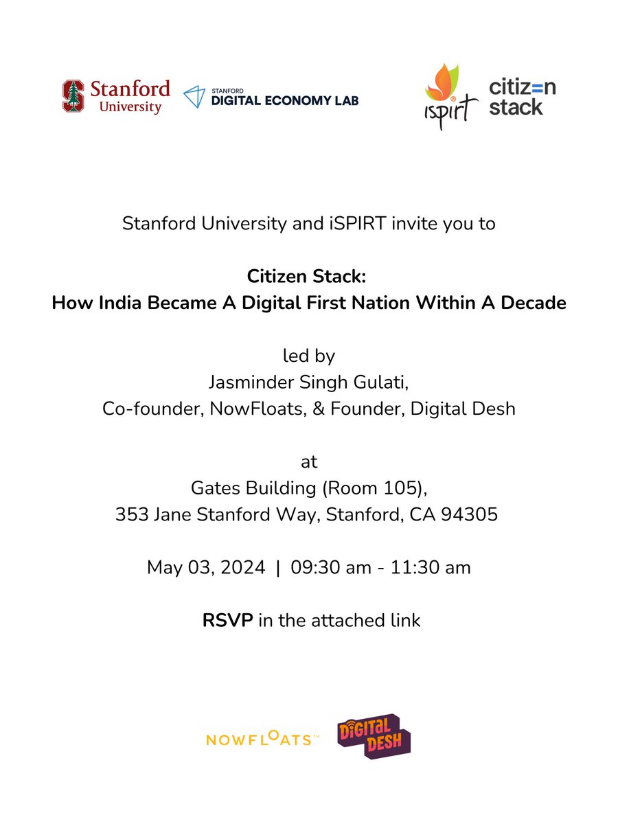 Event alert at @Stanford! Join us on May 3rd for 'Citizen Stack: How India Became a Digital First Nation Within a Decade,' led by Jasminder Singh Gulati (@GulatiSinghJ). Discover India's digital transformation! 🚀 📍Gates Building, Room 105 ⏰ 9:30 AM - 11:30 AM (PDT) RSVP 🔗