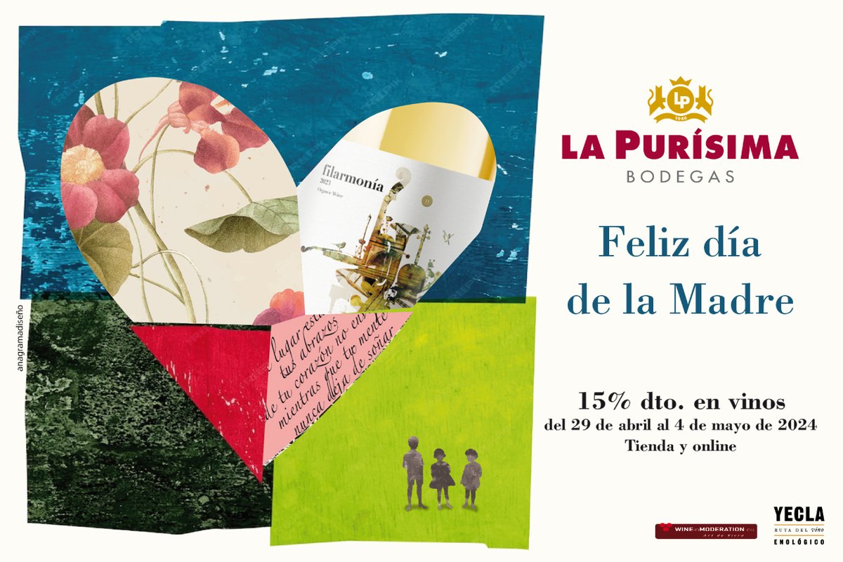 ¡Celebra el #DíaDeLaMadre con vino! 🎉🌸 Disfruta de un 15% de descuento en nuestros vinos hasta el 4 de mayo. 🍷✨ ¡No te lo pierdas!  bodegaslapurisima.com #Madres #Bodegas #LaPurísima #Vinos #Regalo