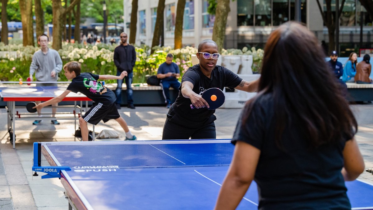 Free ping-pong returns to Brooklyn Commons Park next Tuesday 5/7! 🏓 Join #ThePushBK for another series of match-ups while DJ Mike Doelo provides the beats. 🎶 ⏰ Tuesdays at 5p thru 5/28 ✅ Sign up → bit.ly/DTBKpingpong24