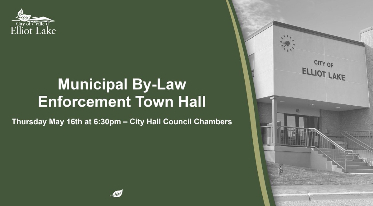 Thursday May 16 - 6:30pm – City Hall The Municipal Enforcement Department will be discussing Clean Yards, Property Standards, Animal Control and Responsible Pet Ownership, Zoning and Smoking By-Laws Pet tags will also be on sale at a reduced rate during the town hall session only