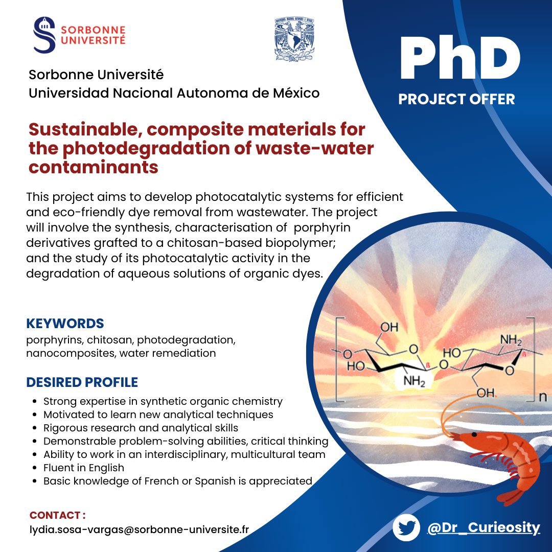 We have a #PhD position on 'Sustainable, composite materials for waste water remediation' between @Sorbonne_Univ_  🇫🇷& @UNAM_MX  🇲🇽Deadline of pre-selection is 20/05!
➡️Please read the profile requirements and make sure you are a good fit before applying! #PhDjobs @UNAMPosgrado