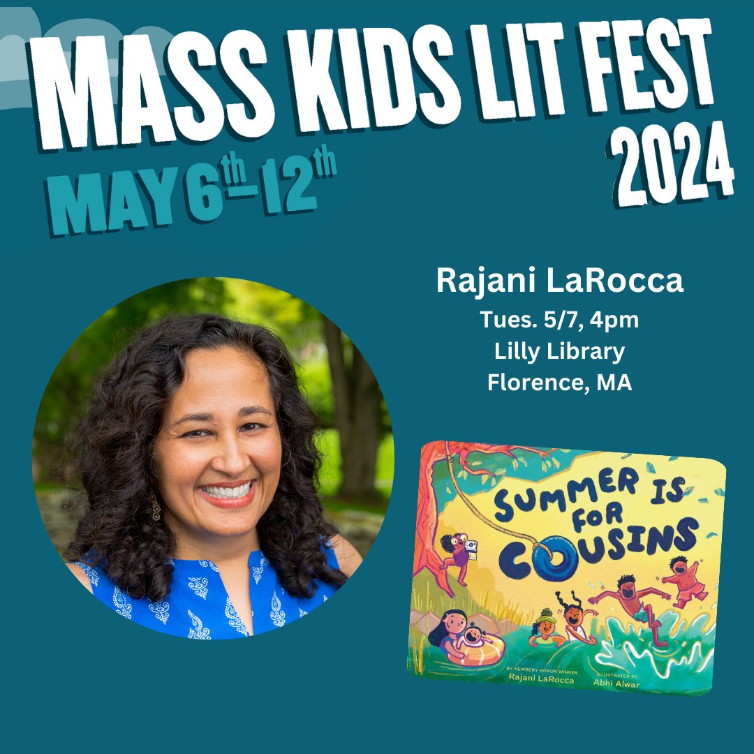 @LillyLibrary hosts #newbery & #MassachusettsBookAward winning #author @RajaniLaRocca for #MassKidsLitFest to read SUMMER IS FOR COUSINS (@abramskids). Info: ow.ly/JLlh50RsGzH #pioneervalley #ChildrensBookWeek #CenterForTheBook @MassLibAssoc @mblclibraries @NEIBAbooks