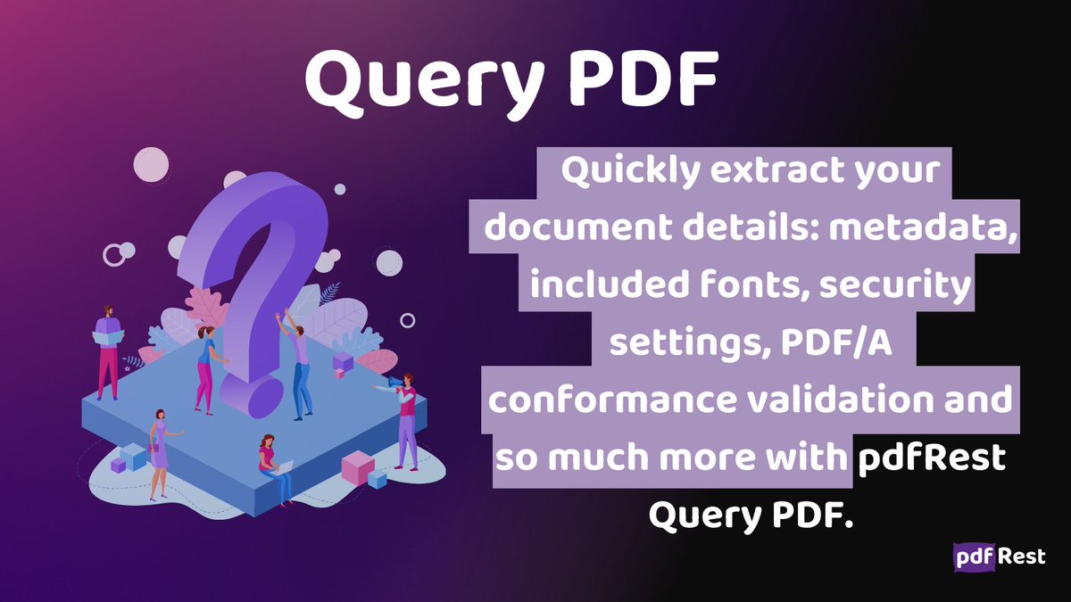Unravel your PDFs!  pdfRest's Query PDF API lets you quickly extract details, metadata & more from PDFs.  ✅ Fonts, forms, security & PDF/A compliance - all in one call!  #pdf #api #developertools pdfrest.com/apitools/query…
