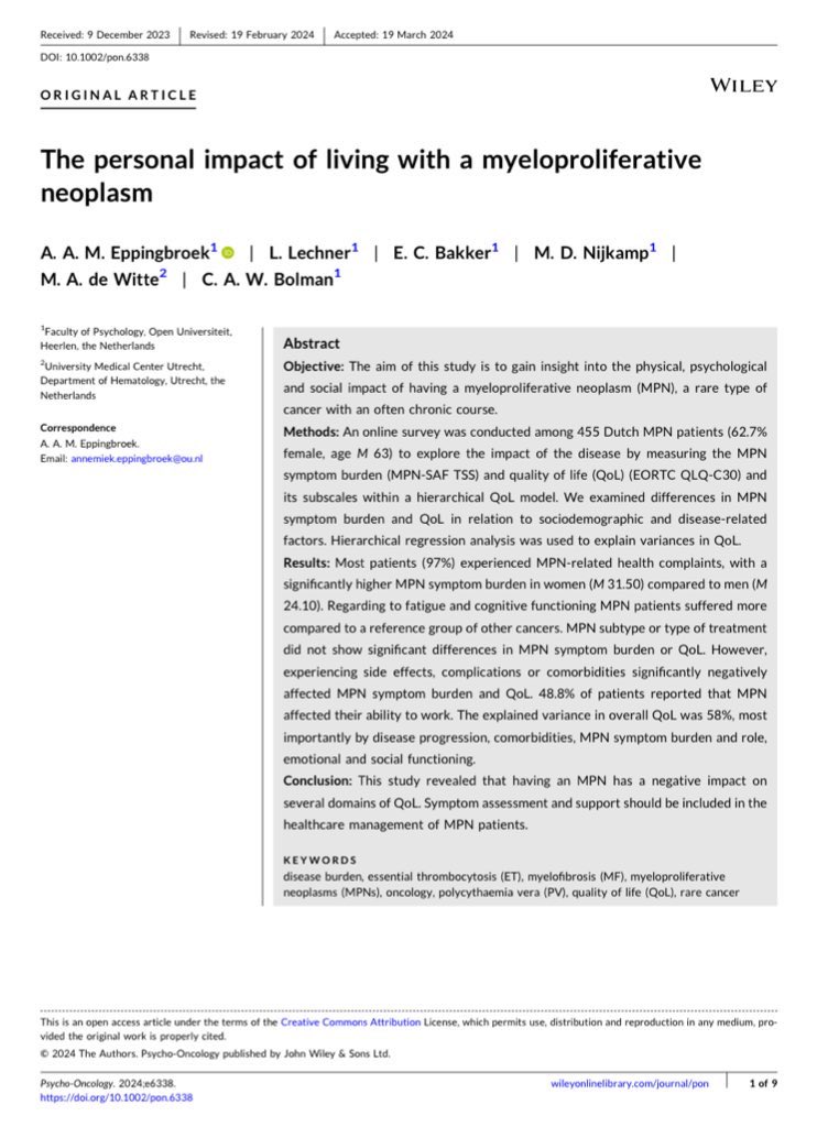 New research sheds light on the challenges faced by those w myeloproliferative neoplasms (MPNs) @PsyOnc

Findings reveal significant impacts on physical, psychological, & social well-being, urging for better support & symptom management in MPN healthcare

onlinelibrary.wiley.com/doi/10.1002/po…