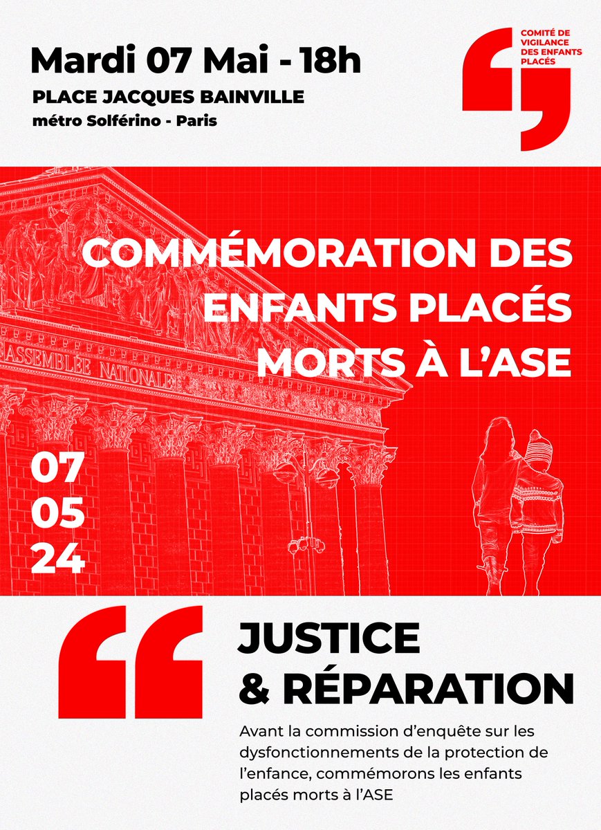 La commission d'enquête sur les dysfonctionnements de l'ASE commence ses travaux, mais nous ne pouvons oublier Jess, Nour, Anthony, Lily et tant d'autres, morts dans l'indifférence.

🔥Pour honorer leur mémoire et affirmer notre détermination, rejoignez-nous le 7 mai à 18h.