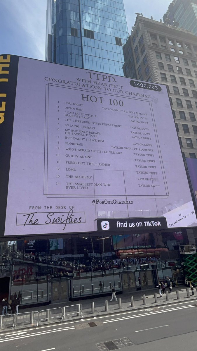 🪶Very very proud to have had a hand in designing our very public message of congratulations in Times Square, NYC to our chairman in chief @taylorswift13 on her blazing Billboard chart glory 🌆 #ForOurChairman #TSTTPD