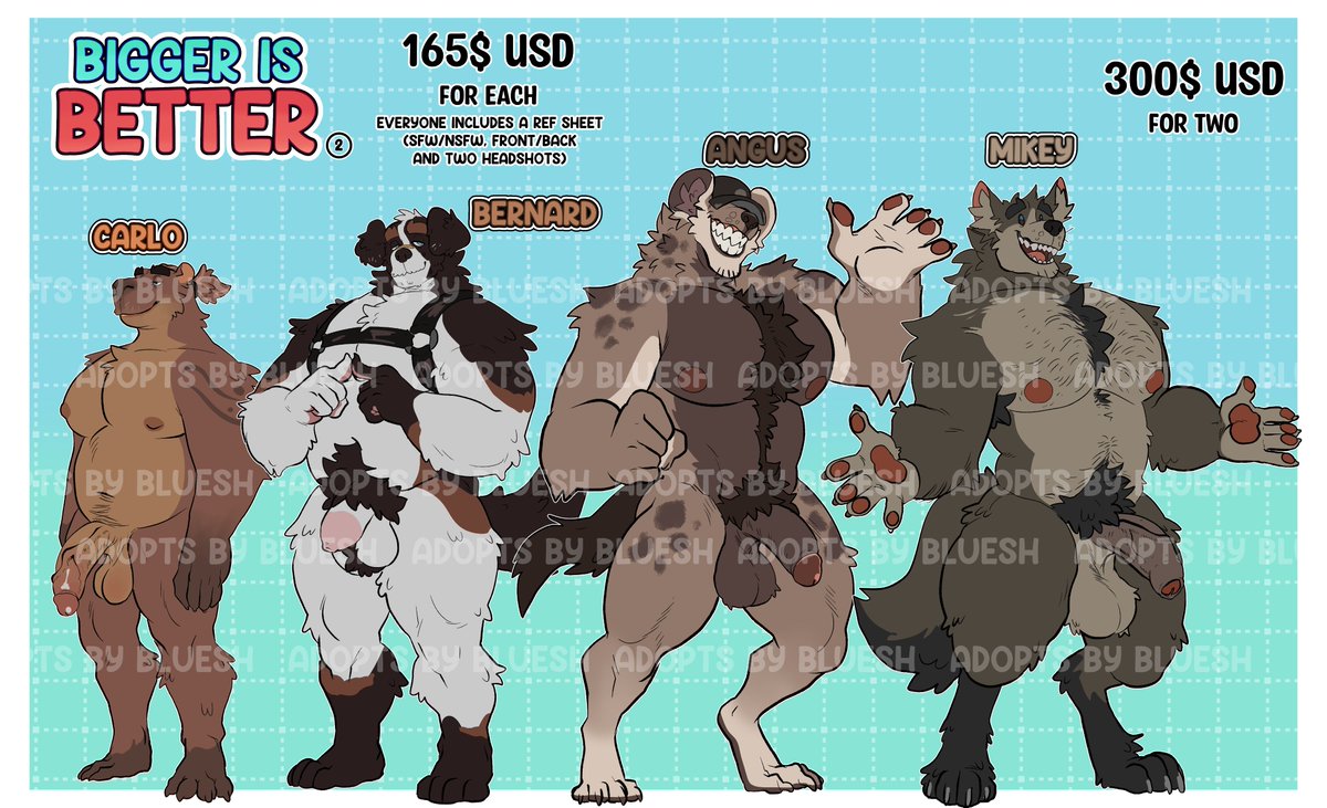 Third batch of Adopts with the theme of ''BIGGER IS BETTER''! 💪 (PART 2) ⭐️ As you can see, each character has a value of 165 USD ⭐️ Now there is a new bundle for two Characters, the final price would be 300 USD (10% of disccount) ⭐️ Each character comes with a SFW and NSFW