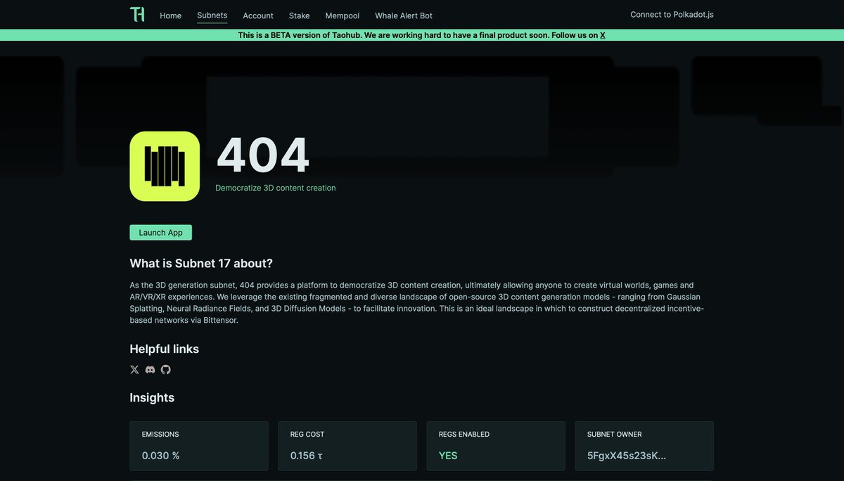Welcome @404gen_ to #Bittensor! 🤖 We've updated the Subnet 17 page on our TaoHub dashboard! Live emissions, reg costs, and more are now available within seconds. Start mining $TAO now! ⛏️