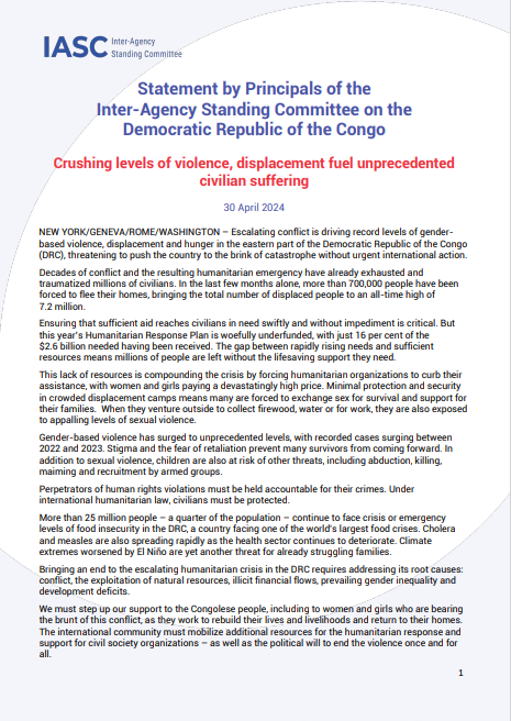 Escalating conflict is driving record levels of gender-based violence, displacement & hunger in #DRC threatening to push the country to the brink of catastrophe without urgent international action We must step up our support to the Congolese people #IASC👉bit.ly/3JIKYv0