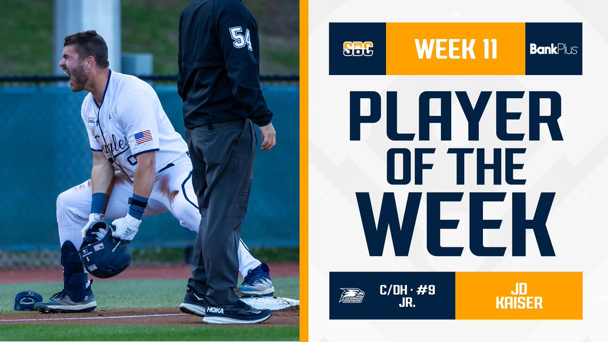 𝗥𝗕𝗜 𝗠𝗔𝗖𝗛𝗜𝗡𝗘. @GSAthletics_BSB junior catcher & designated hitter @_jdkaiser_ hit .579—with an RBI in every game in a 4-1 week—to secure the #SunBeltBSB Player of the Week nod, presented by @BankPlus. ☀️⚾️ 📰 » sunbelt.me/3QrjltU