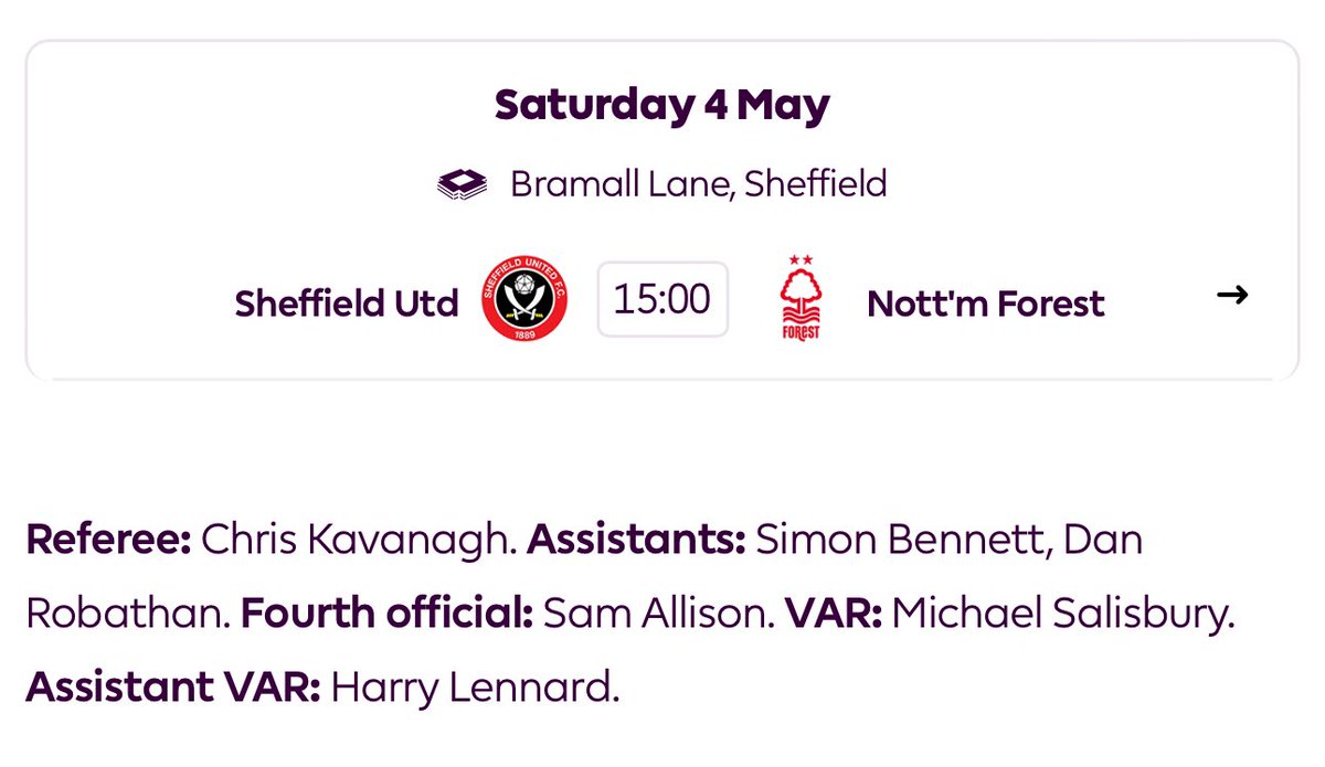 Chris Kavanagh will referee Sheffield United v Nottingham Forest at Bramall Lane on Saturday. #NFFC