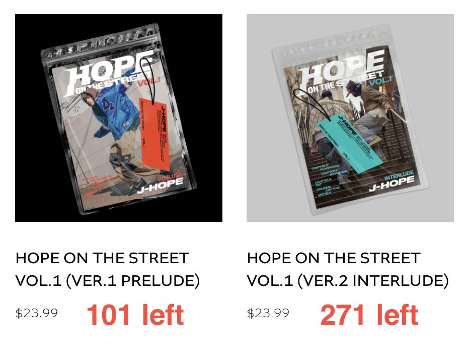 HOTS - Official US BTS store🛍️

Did you know both version of HOTS are STILL not sold out?

Can we try to sell them out? Add them to your carts, please🙂

- HotS Vol.1 (Ver.1 Prelude): 101 copies left

- HotS Vol.1 (Ver.2 Interlude): 271 copies left

🔗shop.bts-official.us/pages/j-hope