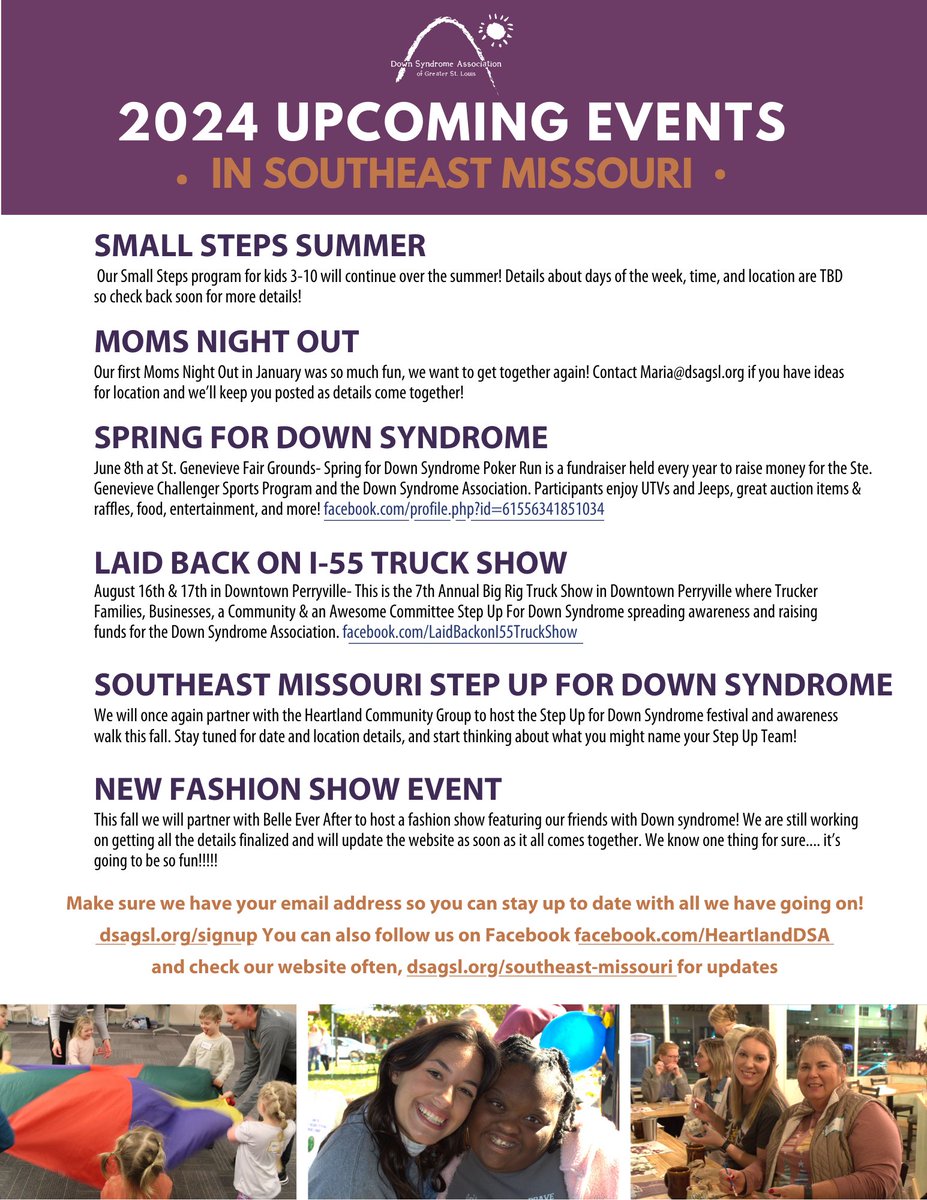 Down Syndrome Association of Greater St. Louis 2024 Upcoming Events in Southeast Missouri Check their website for updates: dsagsl.org/southeast-miss…