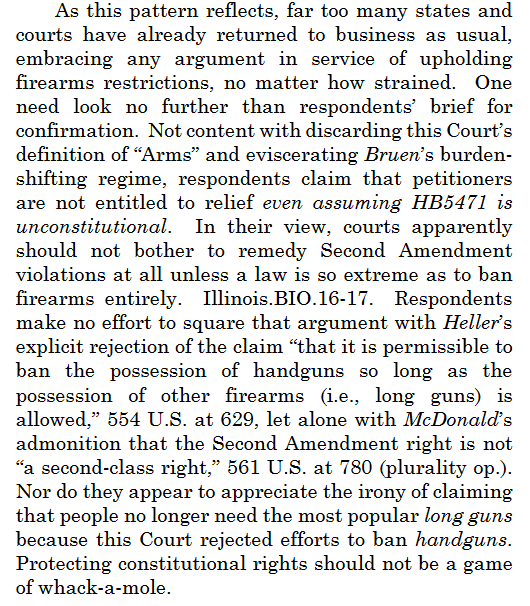 Cert petition reply in one case challenging IL 'assault weapon'/magazine bans notes that defendants don't 'appear to appreciate the irony of claiming that people no longer need the most popular long guns because this Court rejected efforts to ban handguns' supremecourt.gov/DocketPDF/23/2…