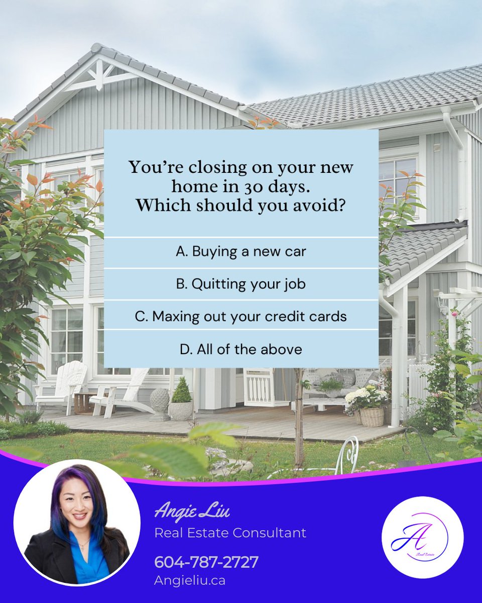 Navigating the closing process? Avoid jeopardizing your home financing by keeping your credit score high, debt-to-income ratio low, and income stable. Knowledge is your best ally in home buying.

#Realtor #RealtorLife #VancouverBC #Vancity #LowerMainland #Buy #Sell #Invest #FYP
