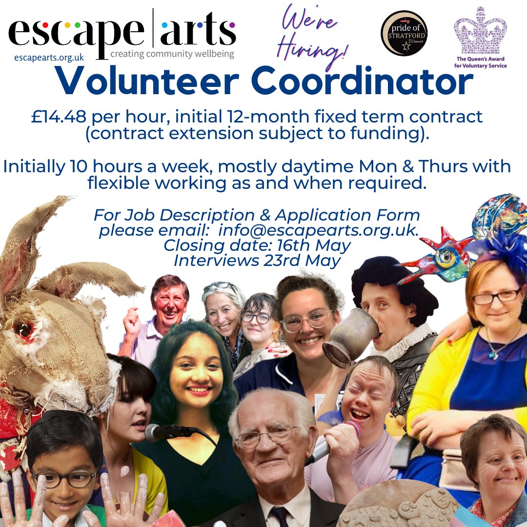Could you be our new Volunteer Coordinator? Our incredible volunteers are the very lifeblood of Escape Arts & we are proud recipients of the Queens Award for Voluntary Services. For job description & application form pls contact: info@escapearts.org.uk @wcavaorg @OurTownTrust