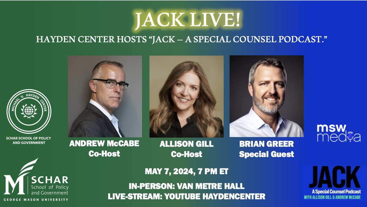 Your favorite podcast in person! JACK LIVE! May 7, 7 p E. In Arlington VA or livestream. REGISTER: signup.e2ma.net/signup/2000418… @GenMhayden @ScharSchool @allisongill @mswmediapods @GeorgeMasonU @GeorgeMasonNews @GMUPres @TheJusticeDept