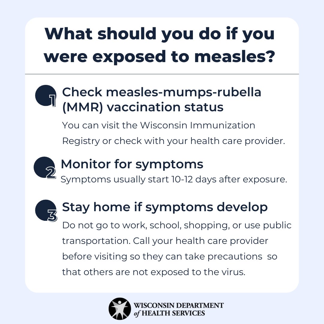 Think you may have been exposed to measles in a public location, follow these three steps to help keep you and others safe. If you have been contacted by your local health department about exposure, follow their instructions. More: dhs.wisconsin.gov/outbreaks/inde…
#Wisconsin #Measles