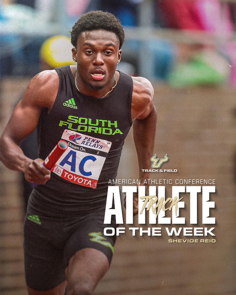 Shevioe Reid is your @American_Conf Male Track Athlete of the week! Reid ran on all three of South Florida's Penn Relay teams last weekend, winning the 4x100, 4x200, and finishing third in the 4x400m! #HornsUp🤘