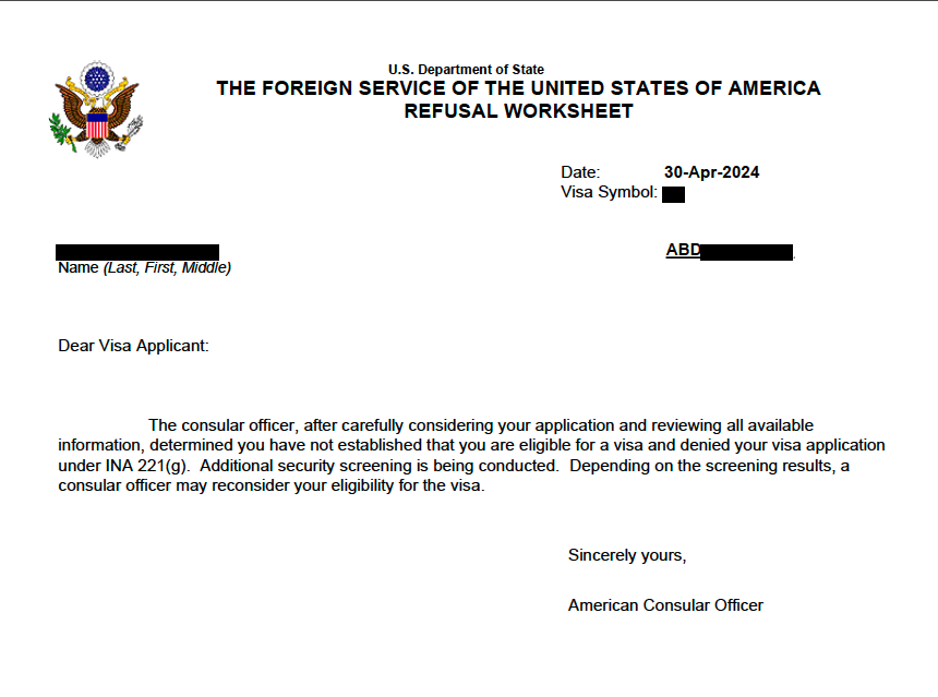 FAQ: After filing mandamus lawsuit, embassy sent me a worksheet or email noting my visa application was 'denied' (like below) instead of 'refused' as stated in my original notice. Why? Answer: State Dept uses the terms denied and refused interchangeably. Do not be alarmed. 1/2