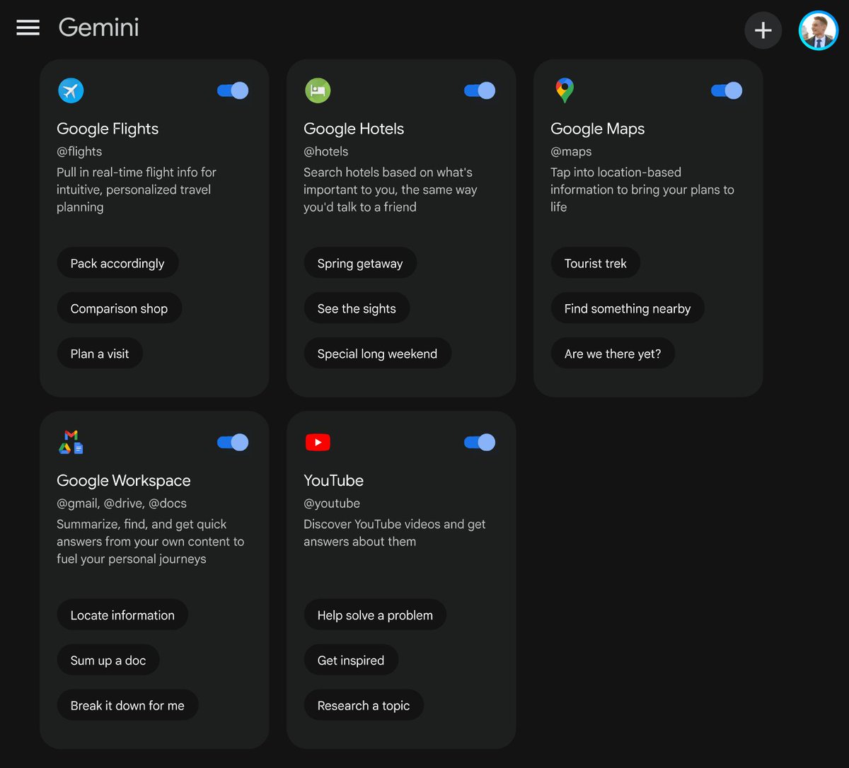 Meanwhile Google has updated Gemini Everyone can now use YouTube, Maps, etc. extensions. You can chat with YT videos, plan trips, manage email and more. This was only available to a few countries before. Details below: