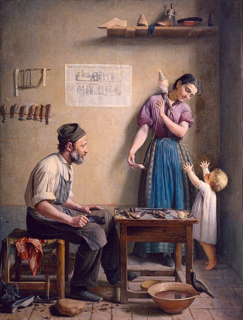 SIDONIO CENTENARI Pintor Italiano (?) 1841-1902 Galleria Nazionale, Roma-Italia Óleo s/ Lienzo - 129 x 101 cm 'La Familia del Zapatero'