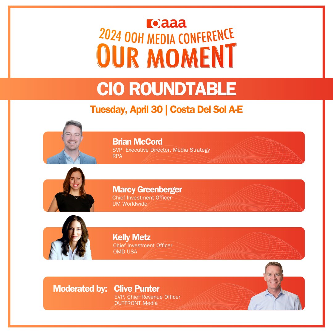 OAAA (@youroaaa) on Twitter photo Today’s Chief Investment Officer Roundtable featured discussions with <a href="/RPA_advertising/">RPA</a>'s Brian McCord, <a href="/UMWorldwide/">UM Worldwide</a>’s Marcy Greenberger, and <a href="/OMD_USA/">OMD USA</a>’s Kelly Metz, moderated by <a href="/OUTFRONTMEDIAUS/">OUTFRONT Media</a>'s <a href="/ClivePunter/">clive punter</a>. They shared their expert perspectives on media investment strategies Today’s Chief Investment Officer Roundtable featured discussions with <a href="/RPA_advertising/">RPA</a>'s Brian McCord, <a href="/UMWorldwide/">UM Worldwide</a>’s Marcy Greenberger, and <a href="/OMD_USA/">OMD USA</a>’s Kelly Metz, moderated by <a href="/OUTFRONTMEDIAUS/">OUTFRONT Media</a>'s <a href="/ClivePunter/">clive punter</a>. They shared their expert perspectives on media investment strategies