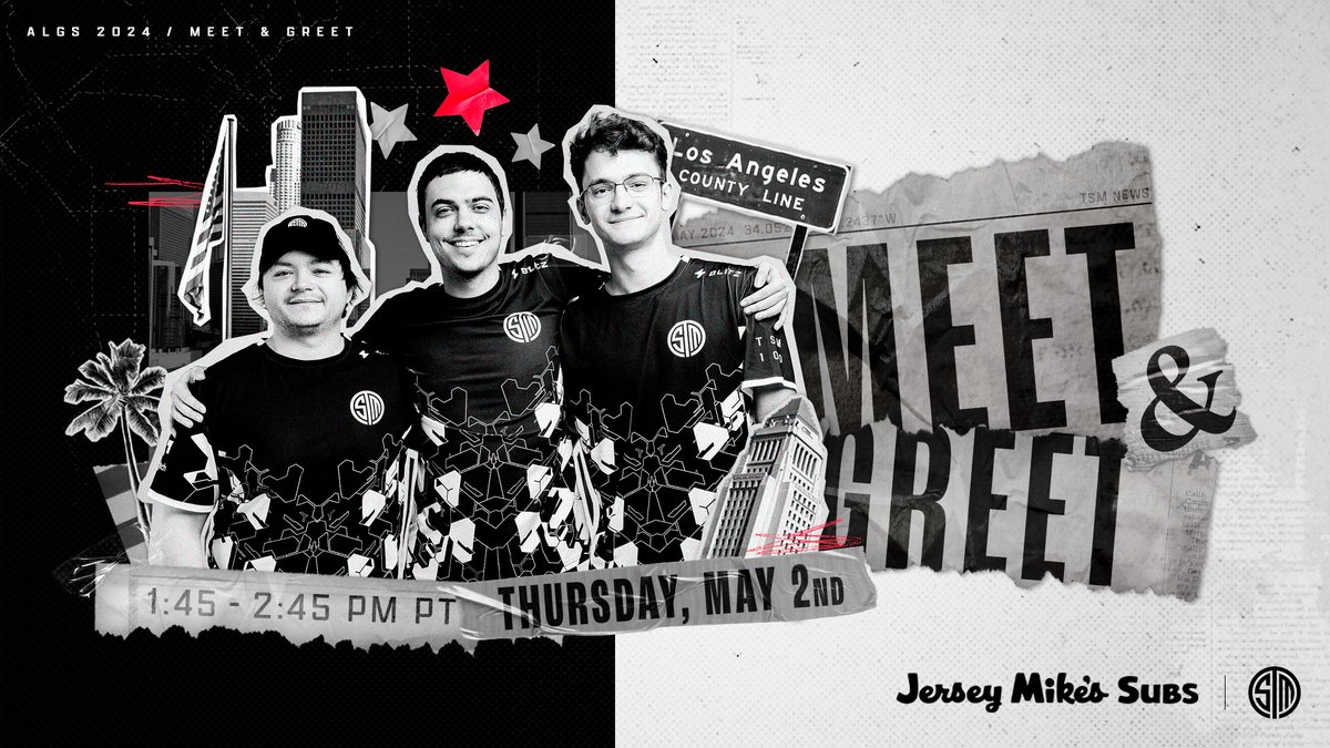 TSM x JERSEY MIKE'S L.A. MEET & GREET 🌴 We've partnered with @JerseyMikes to bring the players to the fans at ALGS L.A.! Swing by the Meet & Greet area this Thursday at 1:45 PM PT to meet the Apex squad, get autographs and more!