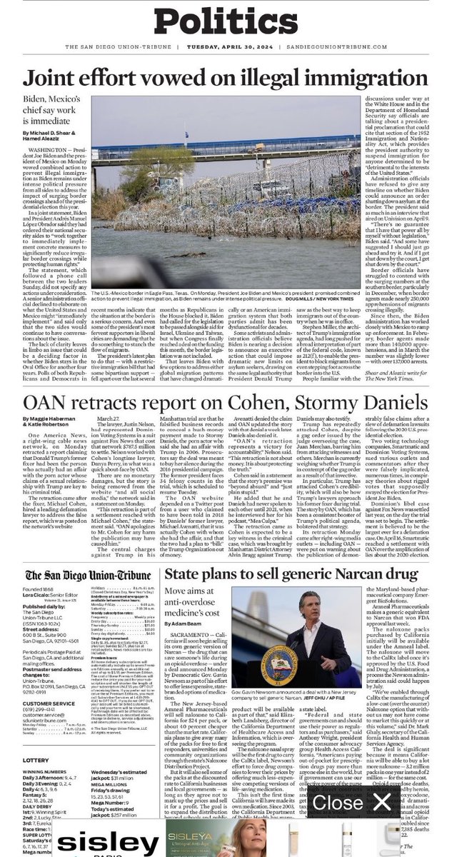 The ⁦@sdut⁩ used ⁦@nytimes⁩ coverage of ⁦@OANN⁩ retraction. Strange white space on page. Stranger still: No reference to OAN being a San Diego-based network.