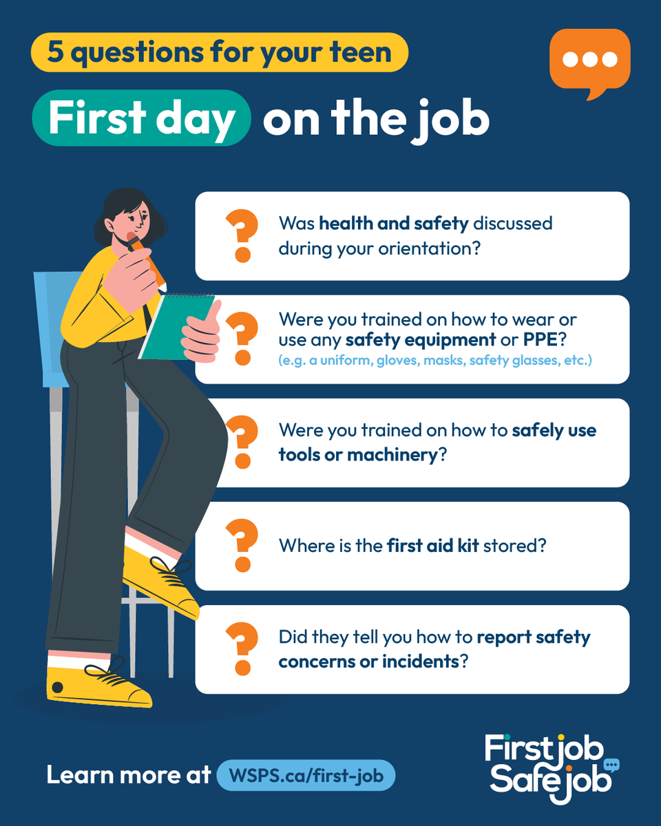WSPS_NEWS's tweet photo. Your teen just finished their first shift at their new job! Besides meeting their coworkers, #healthandsafety should be one of their earliest assignments.

See if they got the #training they need to #staysafe by asking these questions 👉 https://t.co/bWJBLHWpJT 

#FirstJobSafeJob https://t.co/GlMBv2EABH