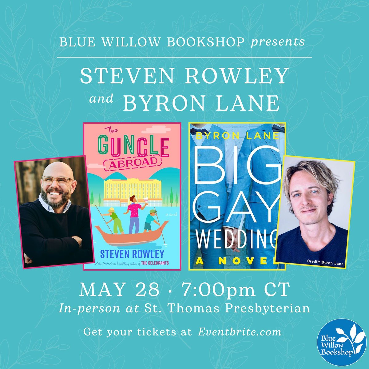 Next month, we're thrilled to welcome Steven Rowley and @byronlane to #Houston for a joint event celebrating their books THE GUNCLE ABROAD and BIG GAY WEDDING! 🌈📘 Tickets are available now—don't miss this one, friends! bluewillowbookshop.com/event/rowley-l… @PutnamBooks @HenryHolt