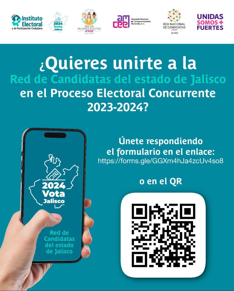 Porque juntas somos más fuertes. 💪 Tú también puedes ser parte de la Red de Candidatas del estado de Jalisco en el Proceso Electoral Concurrente 2023-2024, para acompañarte en casos de Violencia Política contra las Mujeres en Razón de Género. 🙋‍♀️🗳️ #VPRG #TuVozEsElPoder