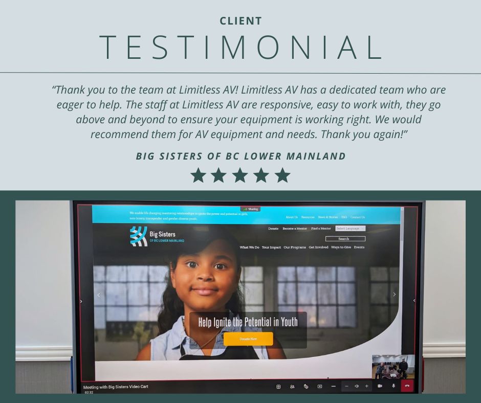 Thank you to the team at @BigSistersBCLM for the very kind words. 👏

#AudioVisual #GoogleReview #Vancouver #AVTweeps #Testimonial #EasterSealsBCLowerMainland #BC #ProAV #Yealink