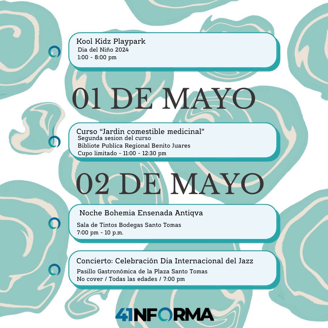 41Informa's tweet photo. MAREAS DE CULTURA.
Experiencias en Ensenada.
29 de abril a 03 de Mayo.

#Ensenada #BajaCalifornia #Cultura #Marea #Eventos #Fechas #Experiencias 

ℹ️ https://t.co/dfsz6qJpMb https://t.co/wTLzMCeDbh