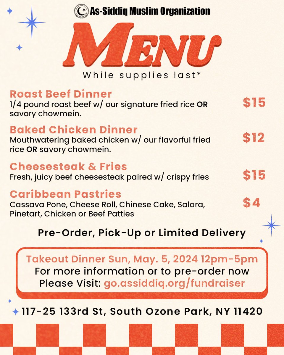 Join Us for Our Annual Takeout Fundraiser!

May 5, 2024 | 12:00 PM - 5:00 PM
Masjid As-Siddiq | 117-25 133rd Street

Enjoy a delicious meal while supporting a great cause! Visit go.assiddiq.org/fundraiser for more info and to pre-order your meals today!

#AsSiddiqMasjid