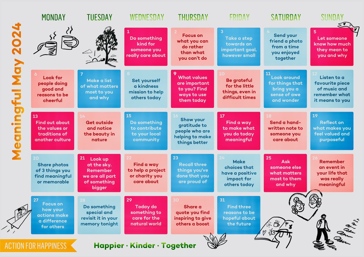 .Action for Happiness
@ActionHappiness  
#MeaningfulMay
#Happier #Kinder #Together 
#BeKind 
#2024