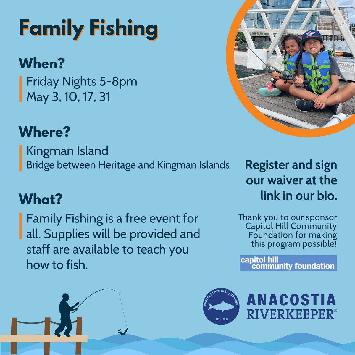 Family Fishing is coming to Kingman Island starting this Friday May 3rd!!! 🎣 All ages and abilities welcome! Supplies are provided and staff are available to teach you how to fish. Thank you @CapHillFound for supporting this program. Sign up: lp.constantcontactpages.com/cu/lKvSvGF/FF