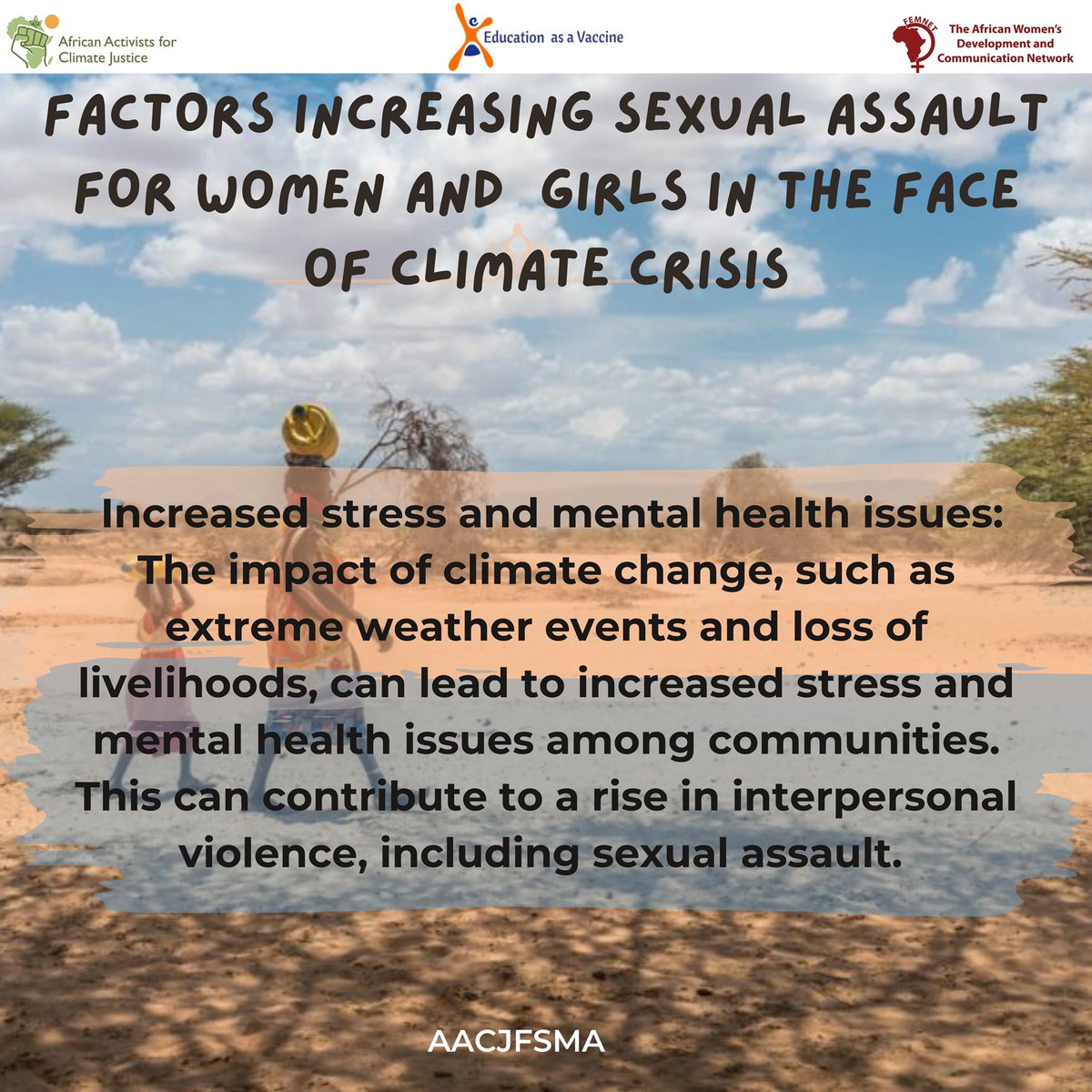 To commensurate with the theme of this year’s Sexual Assault Awareness Month “Building Connected Communities” we highlight some of the factors contributing to the high prevalence of Sexual assault in communities that are affected by climate change. 

#SAAM #AACJFSMA