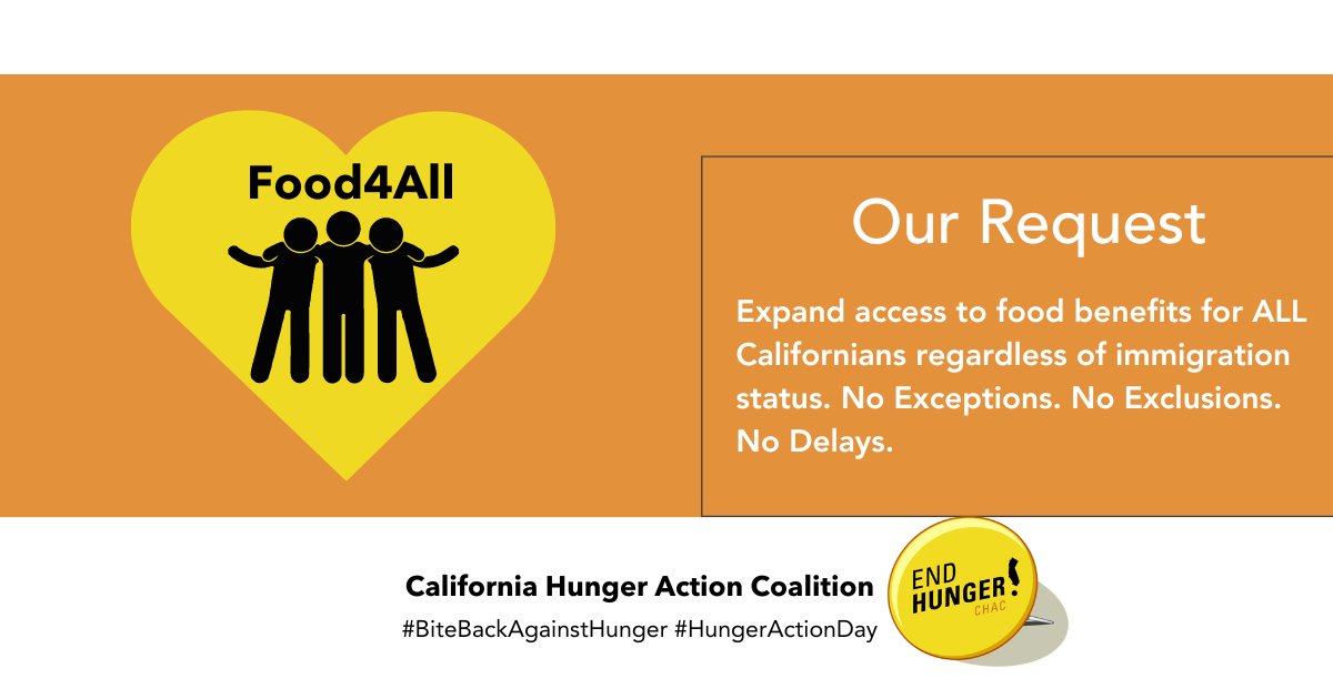 Everyone, no matter their immigration status or age, has the right to nutritious food. We call on the @CAgovernor and Legislature to fulfill the promise of #Food4All and expand California Food Assistance Program benefits with no exceptions, no exclusions, and no delays!