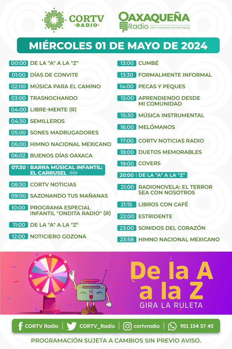 Sintoniza nuestras frecuencias y explora el amplio mundo de la música.️🎶 ¡Consulta la programación de este miércoles! 📻 #Oaxaca @cortv