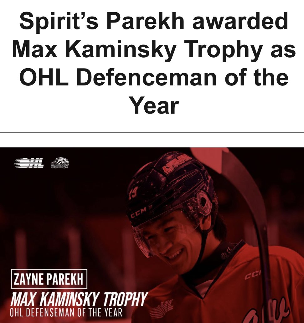 Massive honor for @SpiritHockey’s Zayne Parekh. Today, @OHLHockey announced him as the 2023-24 recipient of the Max Kaminsky Trophy. An award given to the League’s Defenceman of the Year. Parekh led all OHL D-men with 33 goals and 96 points.