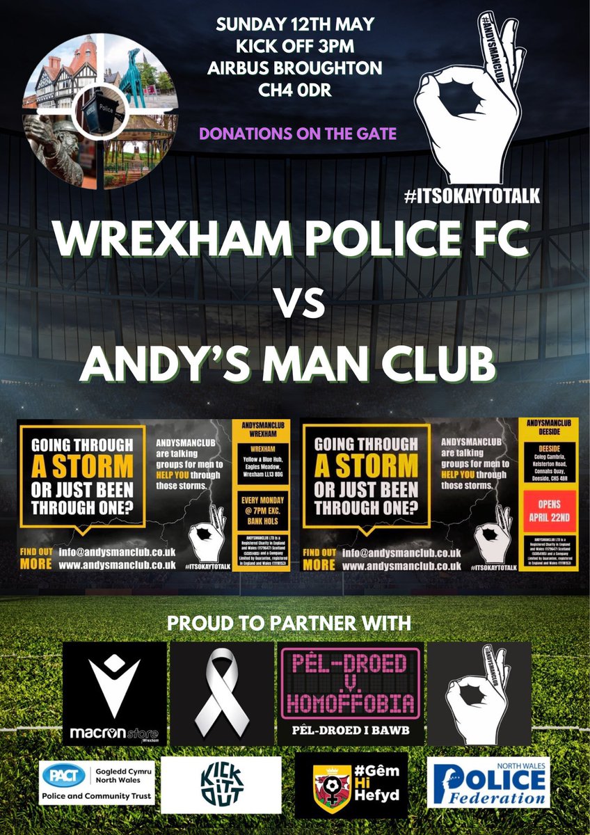 Please support this amazing charity match. @wrexhampolicefc vs @andysmanclubuk Let's stamp out the stigma and create a safe space for men's mental health! #ITSOKTOTALK