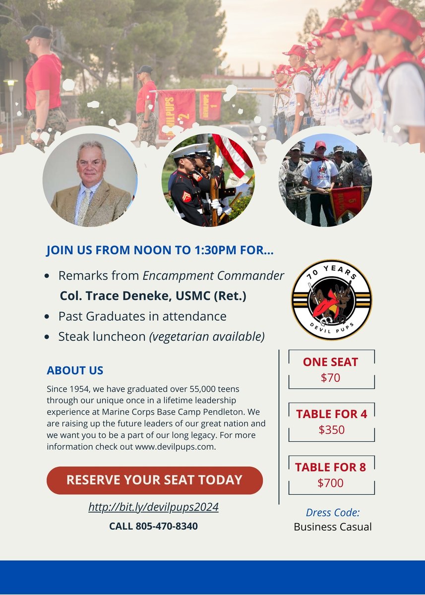 Will you join us and "MAKE A DIFFERENCE" in the lives of teens in Southern California and beyond to develop skills in leadership, teamwork, courage, commitment, honor and service? Go to the link bit.ly/devilpups2024 to RSVP today.