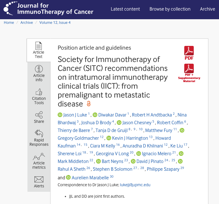 Just out on @jitcancer 🚨 The Society for Immunotherapy🧪 of Cancer's expert panel devised tailored clinical trial designs to maximize the efficacy of intratumoral immunotherapies across various stages of #Cancer ✅addressing key considerations such as patient selection,…