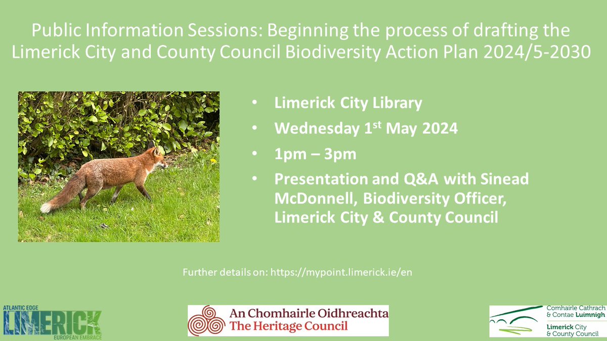 Have your say in drafting the #Limerick #Biodiversity Action Plan. The @LimerickCouncil #Biodiversity Officer will be in the City Library tomorrow, Wed 1st May 2024 from 1pm – 3pm, Presentation and Q&A followed by drop in information session.