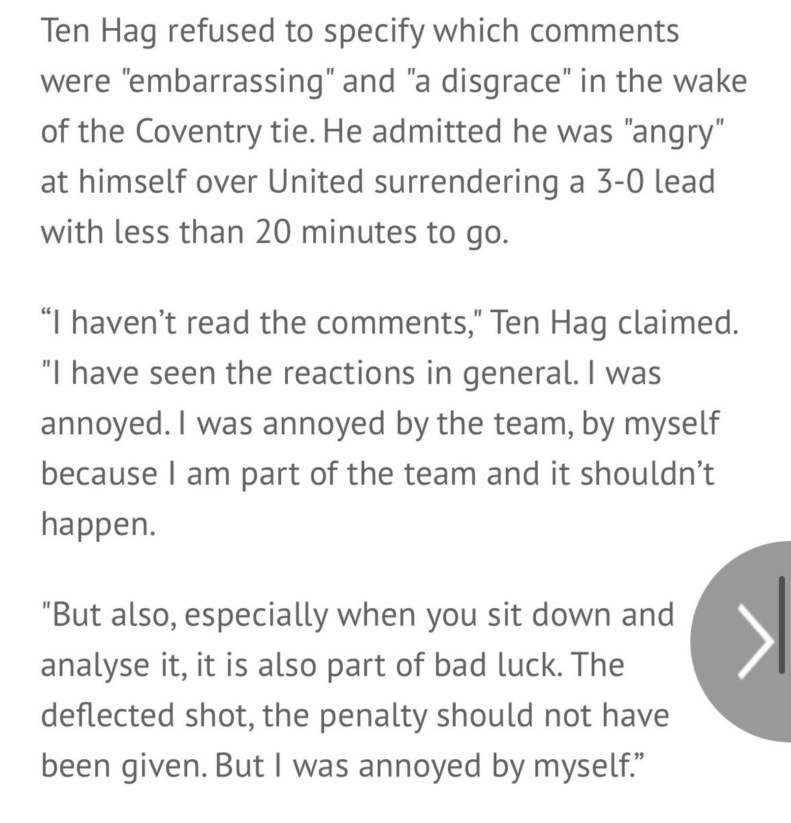 I said the #MUFC owners, directors, coaching staff, players, medical and more should all be accountable for poor results. Yet because I mentioned the manager I’m a “traitor” 🤣 Even Ten Hag said he was angry with himself AND the players after Coventry. Everyone’s accountable 🤷‍♂️