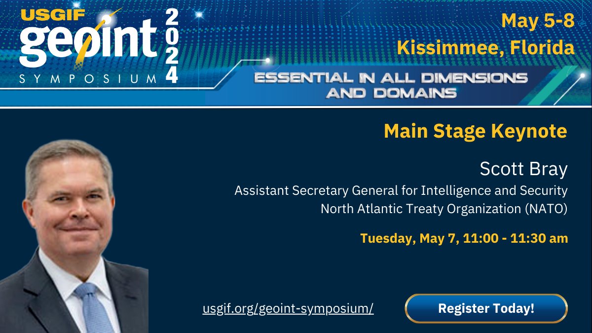 Speaker highlight! Scott Bray, Assistant Secretary General for Intelligence and Security, North Atlantic Treaty Organization (NATO), will take the #GEOINT2024 Main Stage. Look for his talk on Tuesday, May 7, at 11:00am. Plan your day: loom.ly/q7mYihk