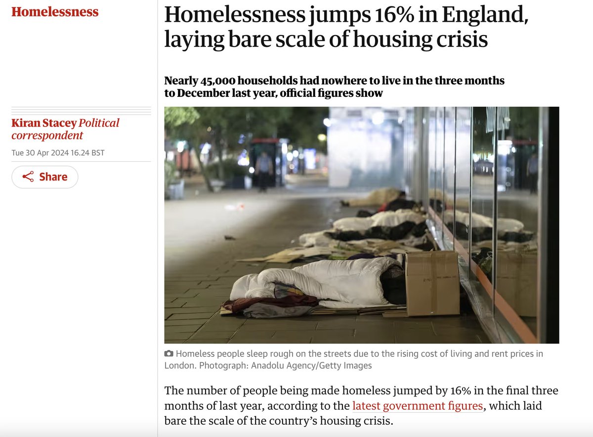 When homelessness spikes by a whopping 16% over a three-month period and Sunak and Hunt continue to boast 'our plan is working', maybe we should take them at their word. ~AA theguardian.com/society/2024/a… @kiranstacey