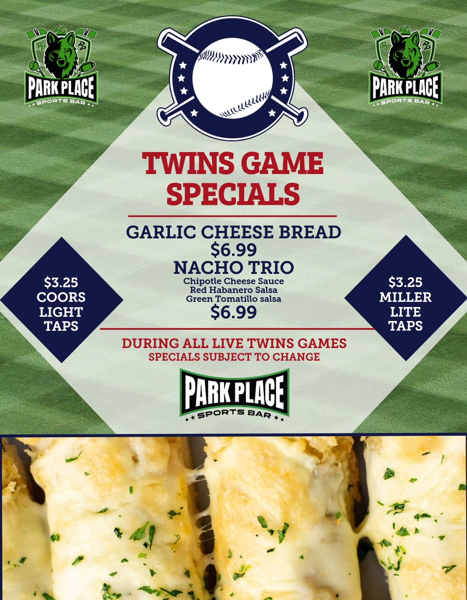 Watch our red hot ⚾TWINS vs SOX⚾ here with us tonight at 6:40pm! Enjoy the TWINS food & beer specials during the game! #parkplacesportsbar #29hdtvs #foodspecials #beerspecials
